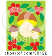 Poster, Art Print Of Border Of Red Berries And Leaves Around Mushrooms On Green