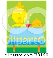 Poster, Art Print Of Cup Of Hot Tea By A Dispenser On A Table Over Green