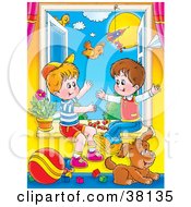 Two Little Boys Playing In An Open Window With Their Puppy On A Sunny Day