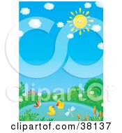 Poster, Art Print Of Two Ducklings Swimming In A Pond A Butterfly And Dragonfly Flying Over Them On A Sunny Day