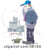 Poster, Art Print Of Poor Man Standing Outside A Closed Factory With Money In A Hat