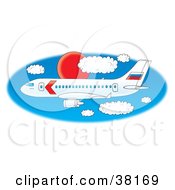 Poster, Art Print Of Large White Commercial Airplane Flying Through A Blue Sky With A Red Sun And Puffy White Clouds