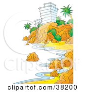 Poster, Art Print Of Shoreline Along A Rocky Coast With A Hotel On The Cliffs