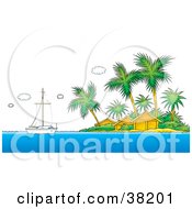 Clipart Illustration Of A Sailboat Near A Tropical Island With Resort Huts by Alex Bannykh