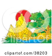 Clipart Illustration Of A Red Sunset Behind Rock Formations And Plants