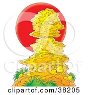 Clipart Illustration Of A Red Sun Setting Behind A Tall Rock Formation