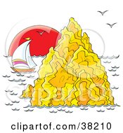 Clipart Illustration Of A Sailboat Near A Rock Formation Under Seagulls Under A Red Sunset