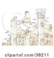 Sailboat Near Ancient Architectural Ruins With Columns