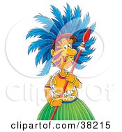 Poster, Art Print Of Tribal Man In A Skirt And Jewelry Wearing Feathers And Holding A Spear