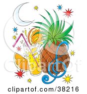 Clipart Illustration Of A Juice Cocktail In Front Of A Pineapple And Orange Slice With Sparkles And A Music Note Under A Crescent Moon