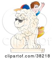 Male Tourist Sitting On A Lion Statue And Waving