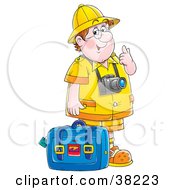 Poster, Art Print Of Friendly Chubby Male Tourist Wearing A Camera And Standing With Luggage