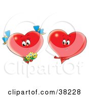 Poster, Art Print Of Male Red Heart Giving A Female Flowers