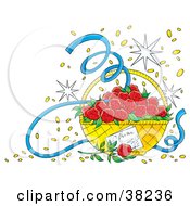 Clipart Illustration Of Confetti And A Basket Of Red Roses by Alex Bannykh