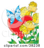 Poster, Art Print Of Blue Butterfly With A Red Heart And Yellow Roses