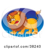 Poster, Art Print Of Mad Male Lion Facing Left Over A Blue Oval