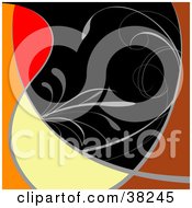 Clipart Illustration Of A Black Abstract Background Bordered With Red Orange Brown And Yellow Spaces And Gray Plants