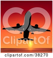 Poster, Art Print Of Commercial Airliner Flying Upwards Against An Orange Sunset