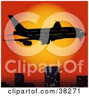 Poster, Art Print Of Airplane Flying Above City Skyscrapers At Sunset