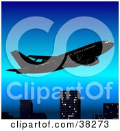 Poster, Art Print Of Plane Flying Above City Skyscrapers In A Blue Sky