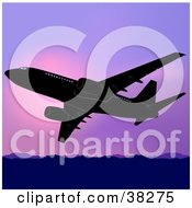 Poster, Art Print Of Commercial Airplane Flying Above Mountains Against A Purple Sunset