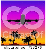 Poster, Art Print Of Silhouetted Airplane Flying Above Mountains And Palm Trees Against A Colorful Sunset Sky