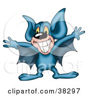 Clipart Illustration Of A Grinning Blue Bat Spanning His Wings