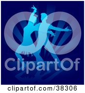 Poster, Art Print Of Gradient Blue Silhouetted Man And Woman Dancing The Rumba On A Bursting Background