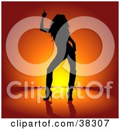 Clipart Illustration Of A Black Silhouetted Rocker Chick In Heeled Boots Dancing Over A Red And Orange Background