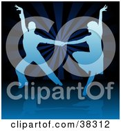 Poster, Art Print Of Elegant Blue Silhouetted Couple Of Latin Dancers Holding Hands And Dancing Away From Each Other