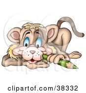 Clipart Illustration Of A Brown Cat Poking His Cheek With A Green Color Pencil