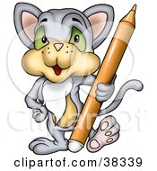 Poster, Art Print Of Gray Cat Standing With An Orange Marker