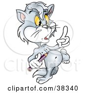 Clipart Illustration Of A Gray Cat With A Color Pencil Waving His Finger