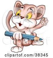Poster, Art Print Of Friendly Cat Holding A Blue Color Pencil And Waving