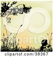 Clipart Illustration Of A Gradient Orange Background Framed With Black Silhouetted Grasses And Plants