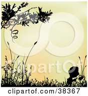 Poster, Art Print Of Gradient Orange Background Framed With Black Silhouetted Grasses And Plants