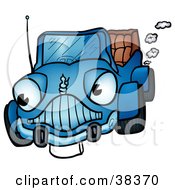 Vintage Blue Convertible Car Character With Smoke Emerging From The Exhaust