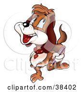 Clipart Illustration Of A Joyful Brown Dog Walking With A Purple Colored Pencil