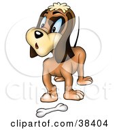 Clipart Illustration Of A Surprised Brown Dog Standing In Front Of A Bone