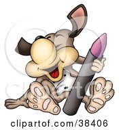 Poster, Art Print Of Giggling Dog Leaning Back And Holding A Purple Crayon