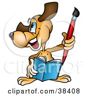Clipart Illustration Of A Dog Smiling Holding A Book And A Paintbrush