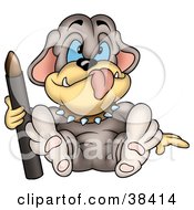 Clipart Illustration Of A Goofy Blue Eyed Bulldog With A Spiked Collar Holding A Brown Crayon