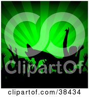 Poster, Art Print Of Crowd Of Silhouetted Hands Passing A Crowd Surfer At A Concert Over A Green Bursting Background