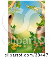 Poster, Art Print Of Flowering Vines With Blue Yellow And Red Flowers Climbing Two Trees In A Chinese Forest
