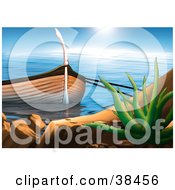 Clipart Illustration Of A Fishing Boat Tied To A Rock Near A Green Coastal Plant