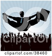 Silhouetted Corporate Businessman Holding Onto His Briefcase While Being Tossed Into The Air By Employees