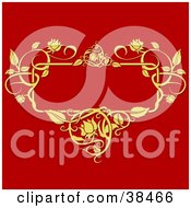 Poster, Art Print Of Blank Text Box Bordered By Golden Vines On A Red Background
