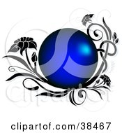 Clipart Illustration Of A Shiny Blue Circle Text Box Circled In Black With Vines And Flowers On A White Background With Faded Vines by dero