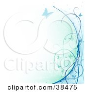 Clipart Illustration Of An Off White Background Bordered With Green And Blue Vines And Silhouetted Butterflies On The Right Edge by dero