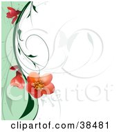 Poster, Art Print Of Butterfly Silhouette On A White Background With A Flowering Plant Bordering A Wave Of Green